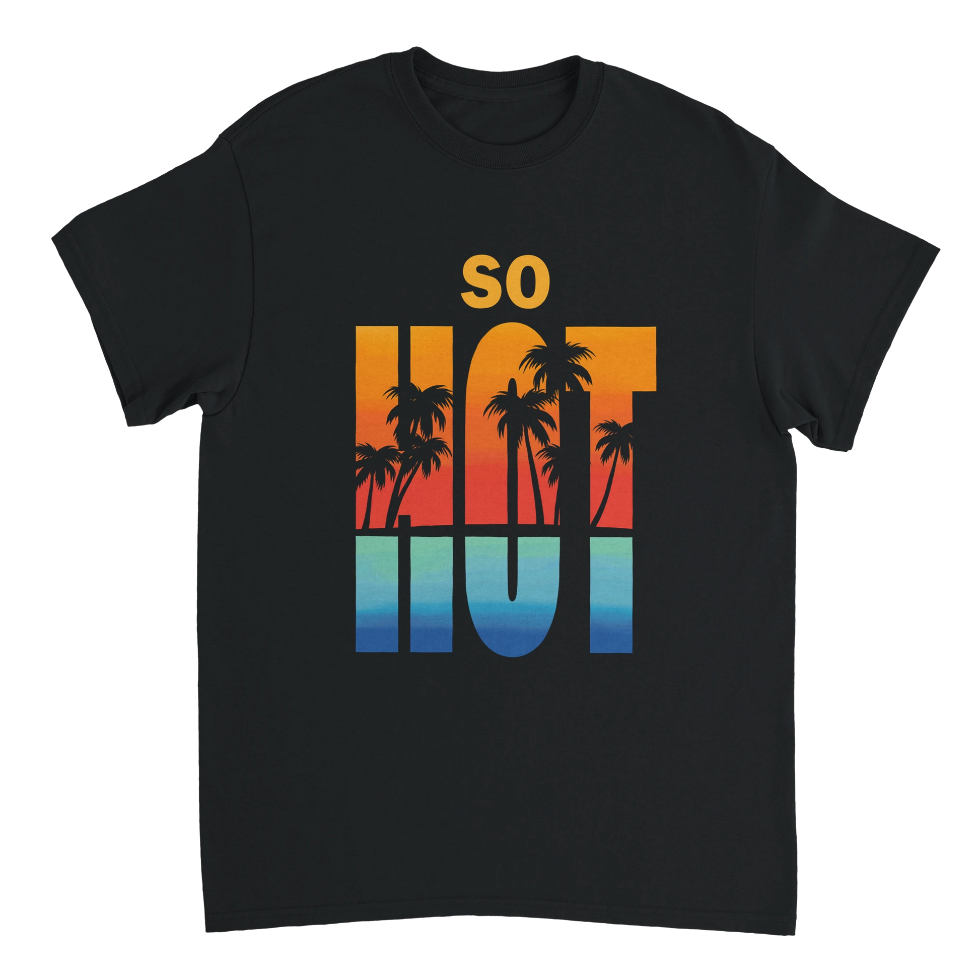 Astral Apple Men’s, Women’s or Unisex short sleeved, casual style classic crewneck t-shirt in black cotton, with graphic print of a vibrant tropical beach scene and the text, “So Hot”, larger size front view, retro summer style