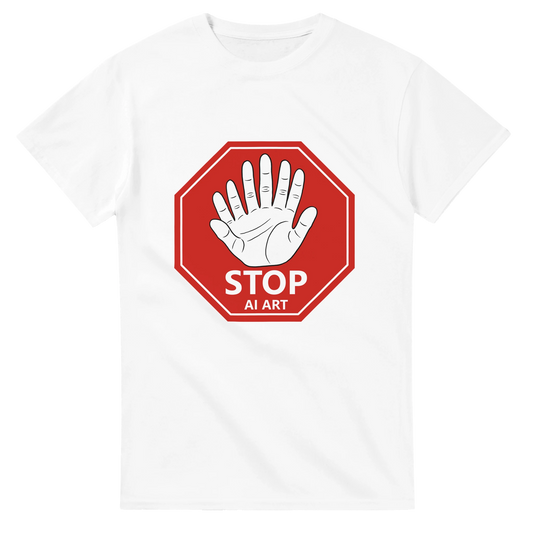 Astral Apple Men’s, Women’s or Unisex short sleeved, casual style classic crewneck t-shirt in White cotton, with graphic print of a red stop sign with the text, "Stop AI Art" and a drawing of an AI style hand with 6 fingers and 2 thumbs making a stop gesture, front view, for human artists and creatives