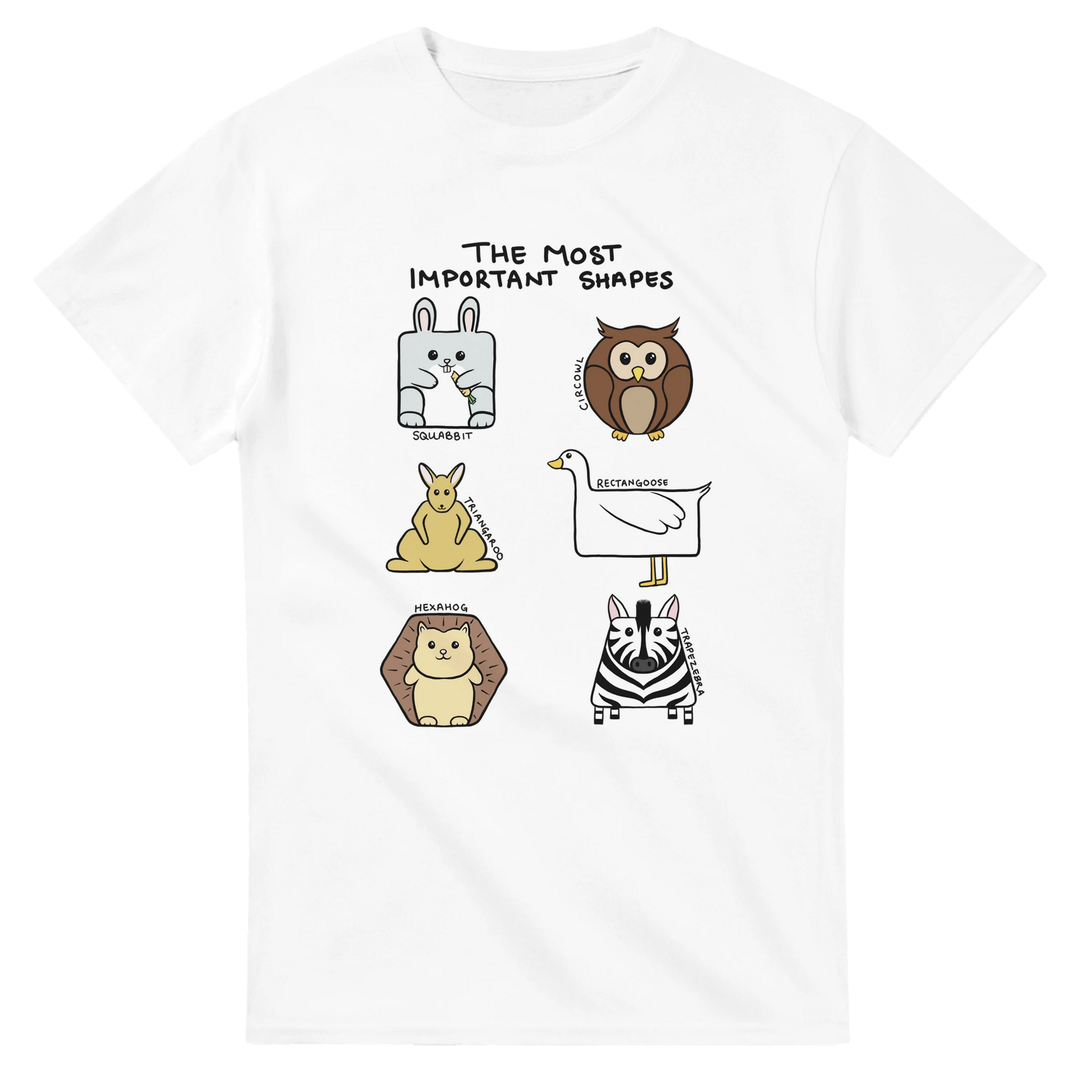 Astral Apple Men’s, Women’s or Unisex short sleeved, casual style classic crewneck t-shirt in white cotton, with graphic print of cute animal and shape mashups, front view, funny design