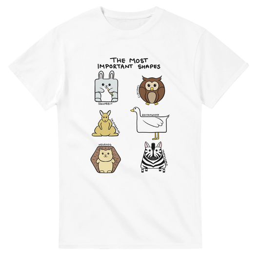 Astral Apple Men’s, Women’s or Unisex short sleeved, casual style classic crewneck t-shirt in white cotton, with graphic print of cute animal and shape mashups, front view, funny design
