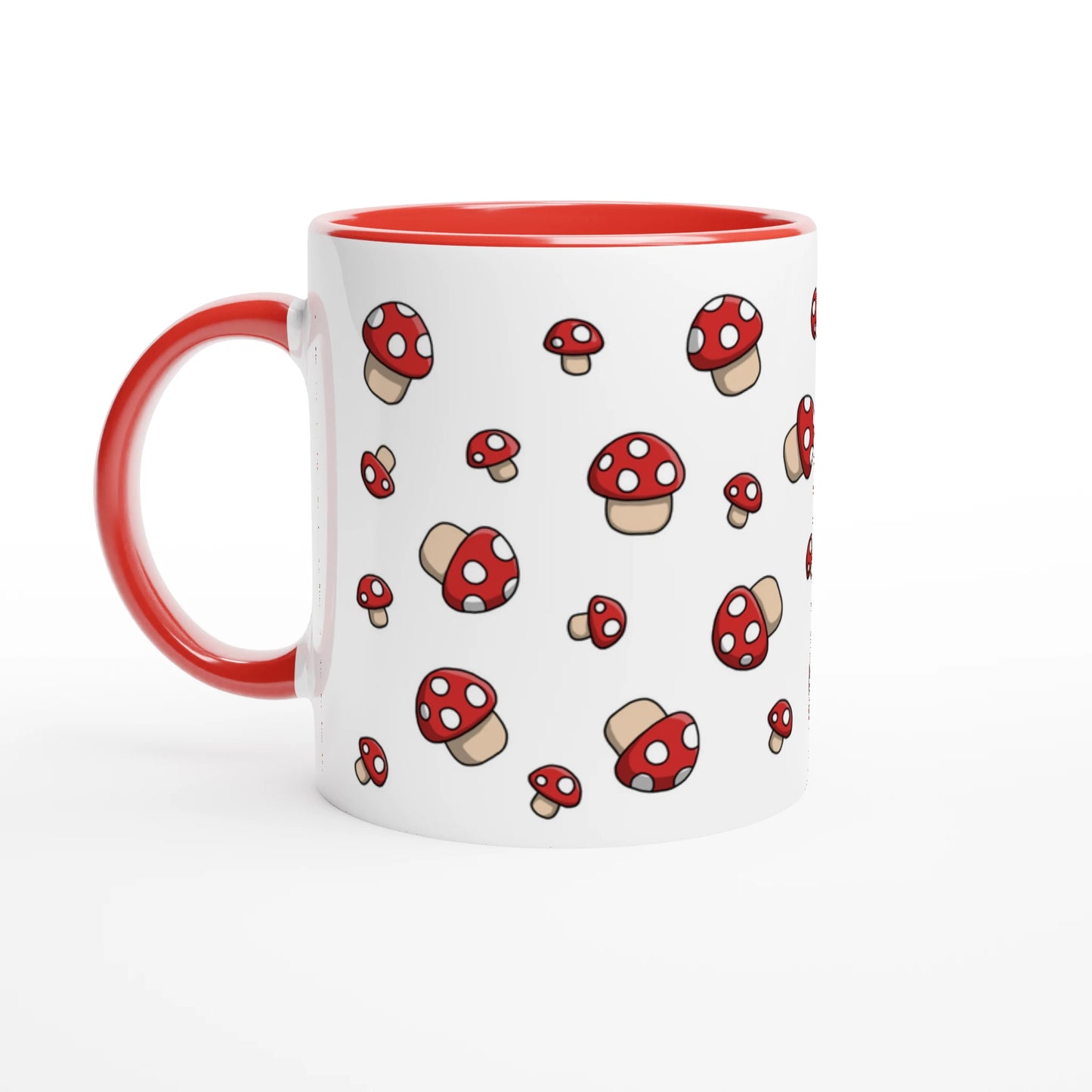Astral Apple dish washer safe, microwave safe ceramic coffee mug in White and Red, with graphic print of lots of little red  fly agaric or Amanita Muscaria mushrooms with white spots, front view, for the mycologist who loves mushroom coffee, tea and hot chocolate