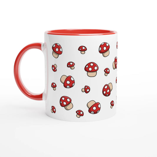 Astral Apple dish washer safe, microwave safe ceramic coffee mug in White and Red, with graphic print of lots of little red  fly agaric or Amanita Muscaria mushrooms with white spots, front view, for the mycologist who loves mushroom coffee, tea and hot chocolate
