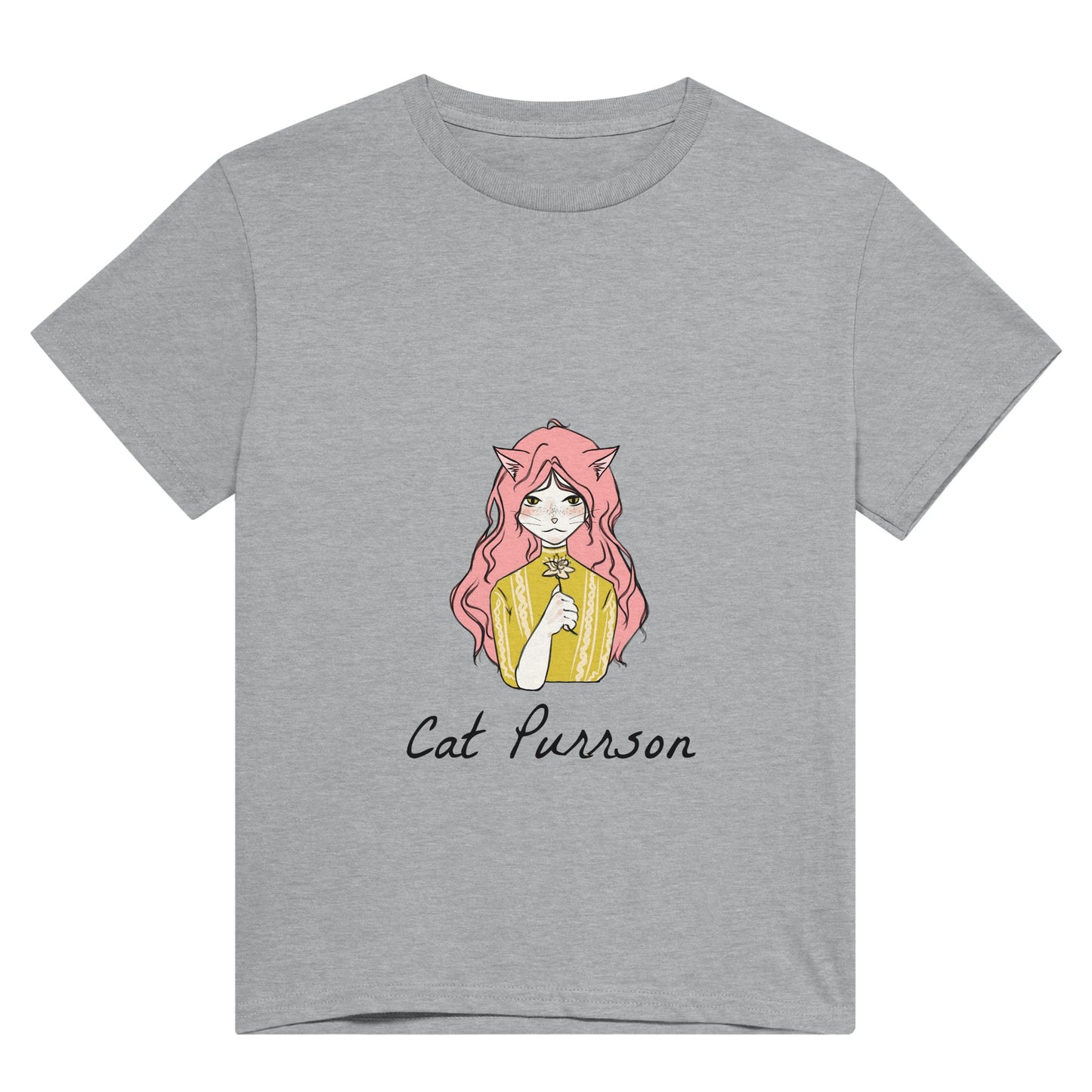 Grey shirt with black text saying "cat purrson" and a picture of a girl with a cat face and cat ears, pink hair and yellow ochre shirt, holding a flower.