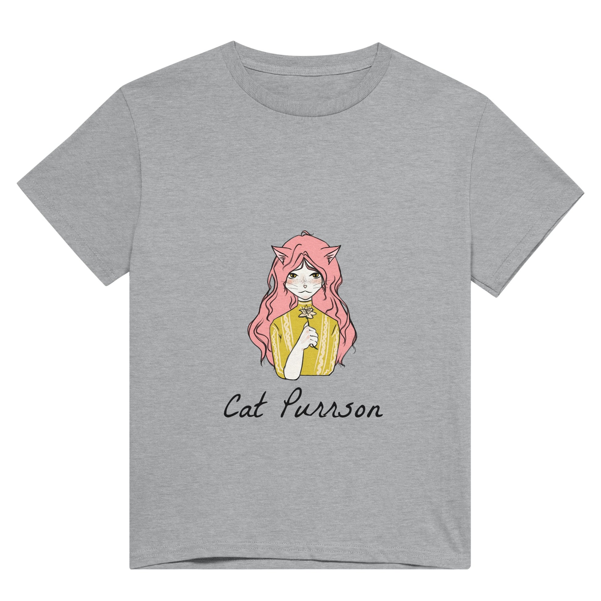 Grey shirt with black text saying "cat purrson" and a picture of a girl with a cat face and cat ears, pink hair and yellow ochre shirt, holding a flower.