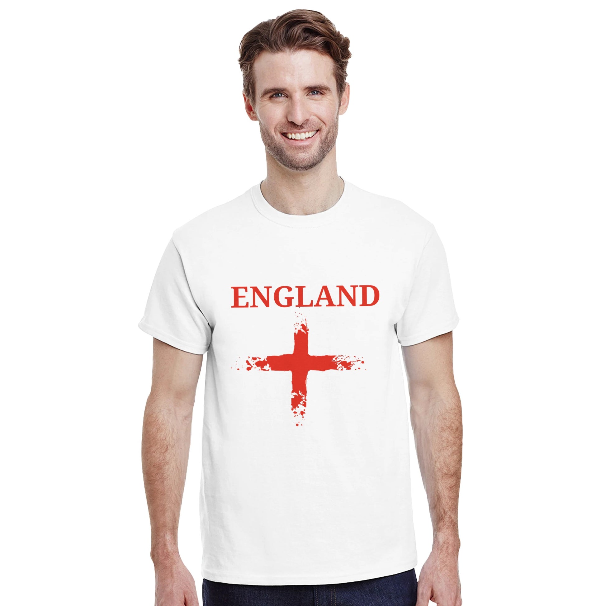 a white football t-shirt with a distressed red cross of St. George and England printed at the top being worn by a man