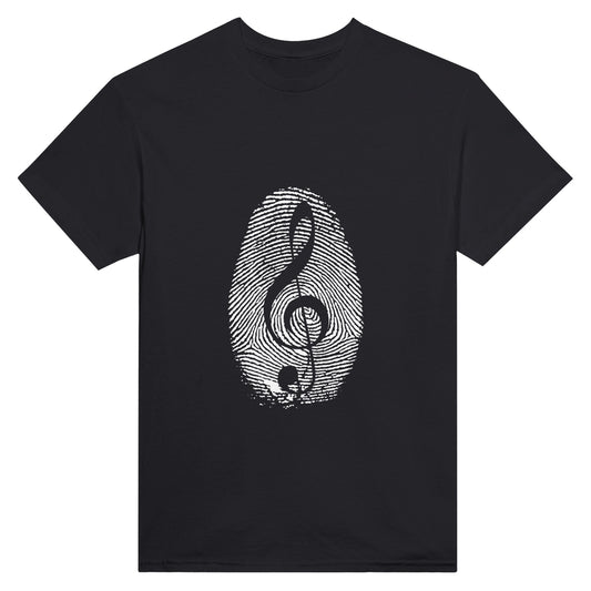 A black t-shirt with a fingerprint wth a treble cleff in the middle