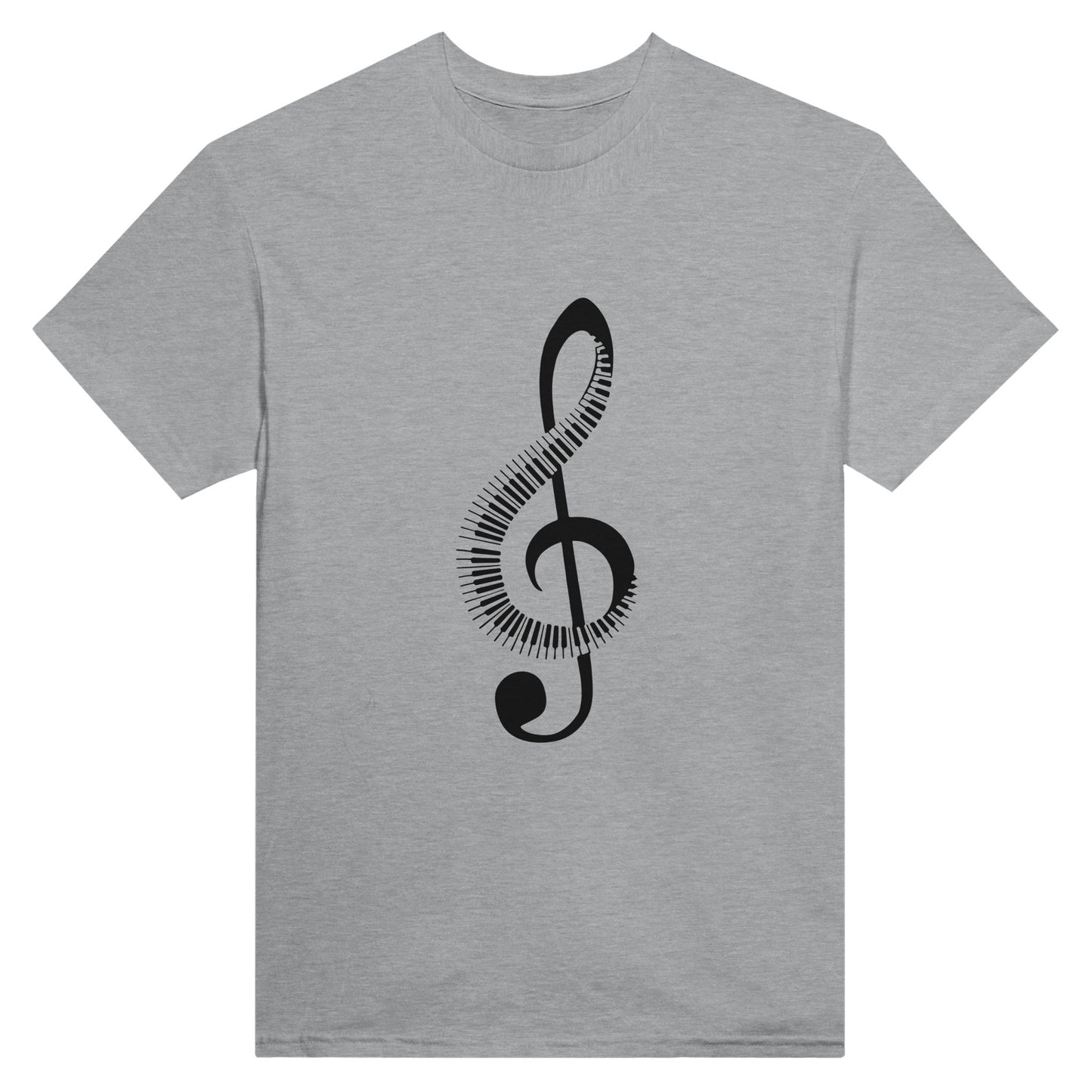 Grey t-shirt with a picture of a treble cleff made partly of piano keys