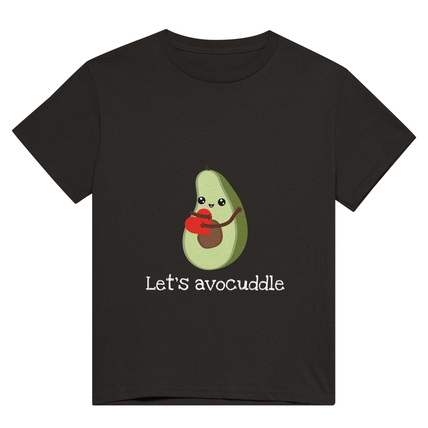 A black t shirt with the pun, "Let's avocuddle" in white and a picture of a cute avocado cuddling a heart.