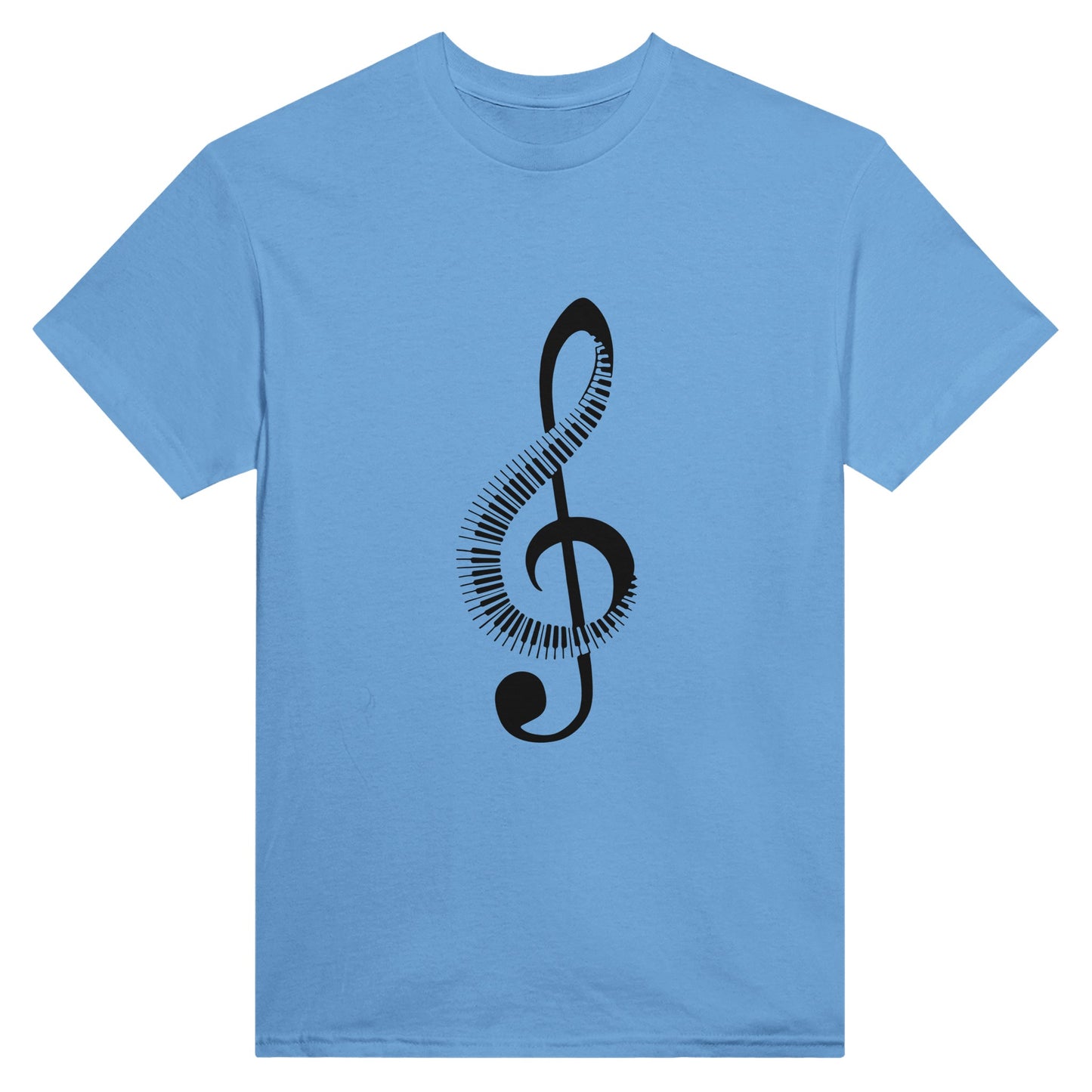 Blue t-shirt with a picture of a treble cleff made partly of piano keys