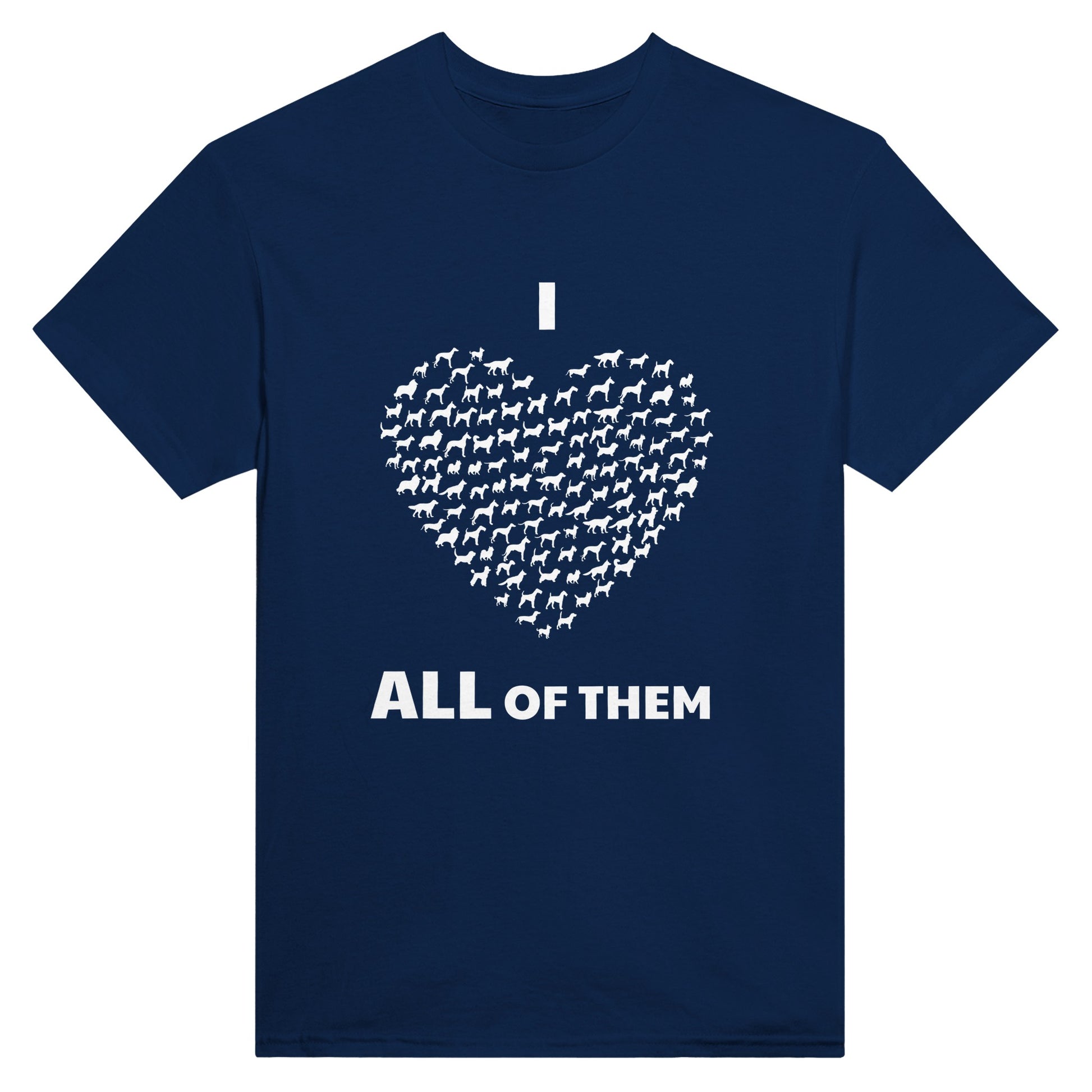 Navy blue shirt with a large heart made up of different breeds of dogs and the text "I (heart) all of them"