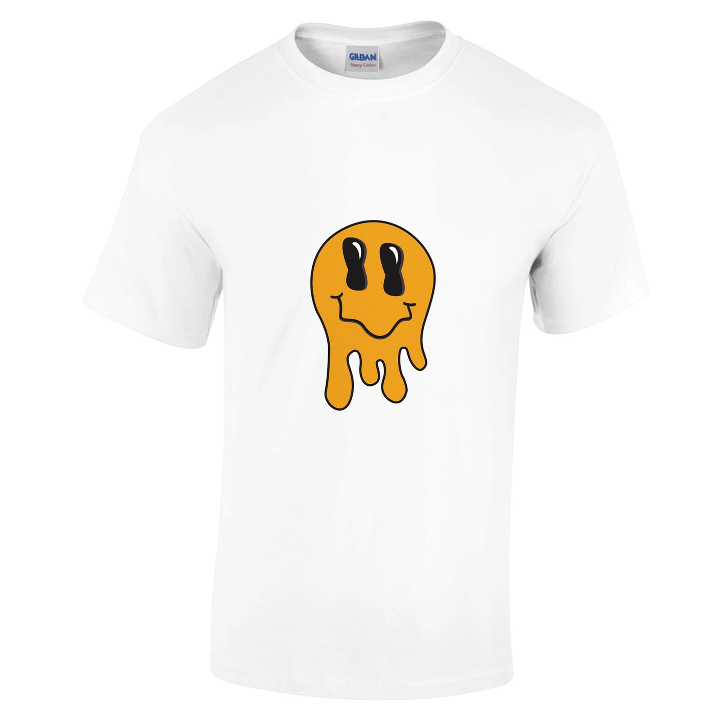 a white mens t-shirt with a yellow melting smiley face