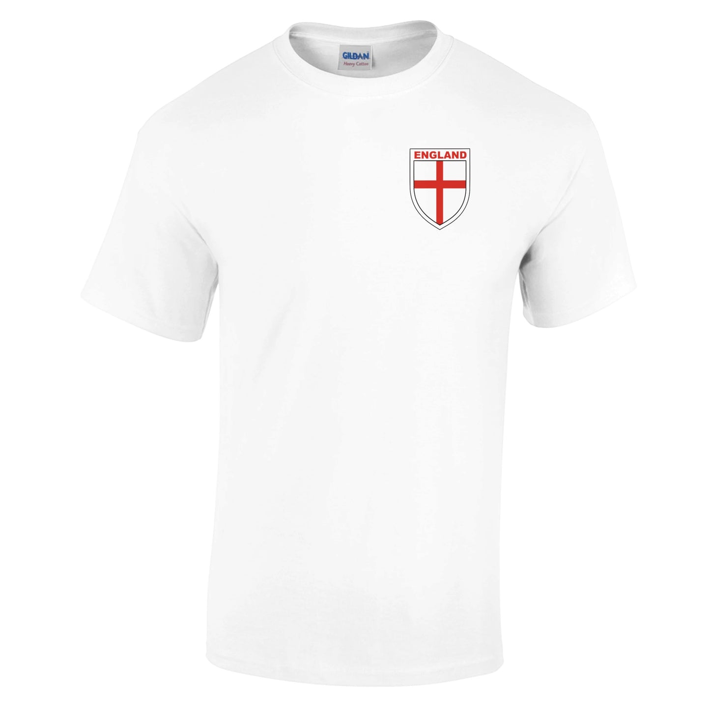 A white England football t-shirt with a shield with the red cross of St. George printed in the top corner.