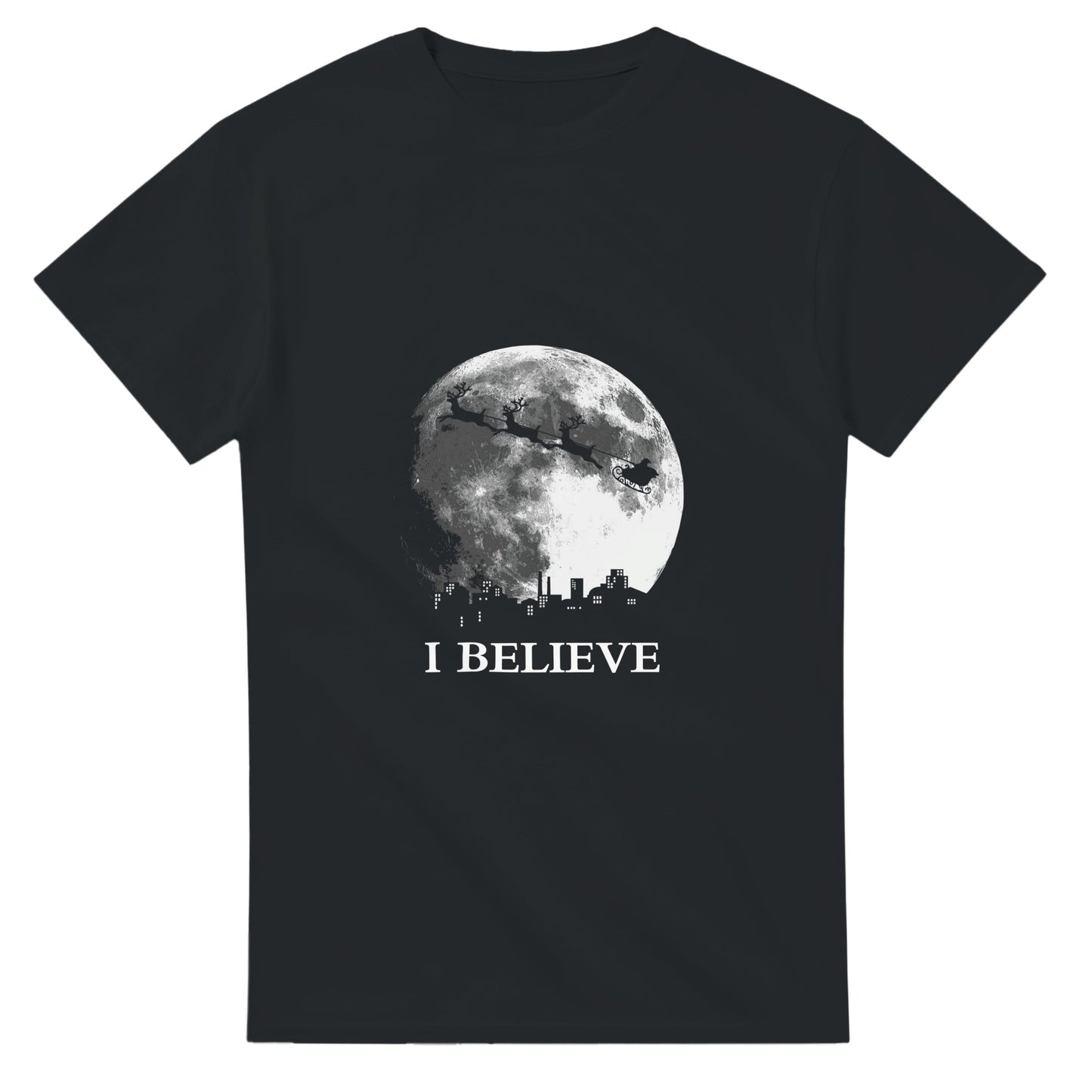 mens and womens funny black t-shirt with a picture of santa riding his sleigh across the moon, over a city and the words "I believe" below.