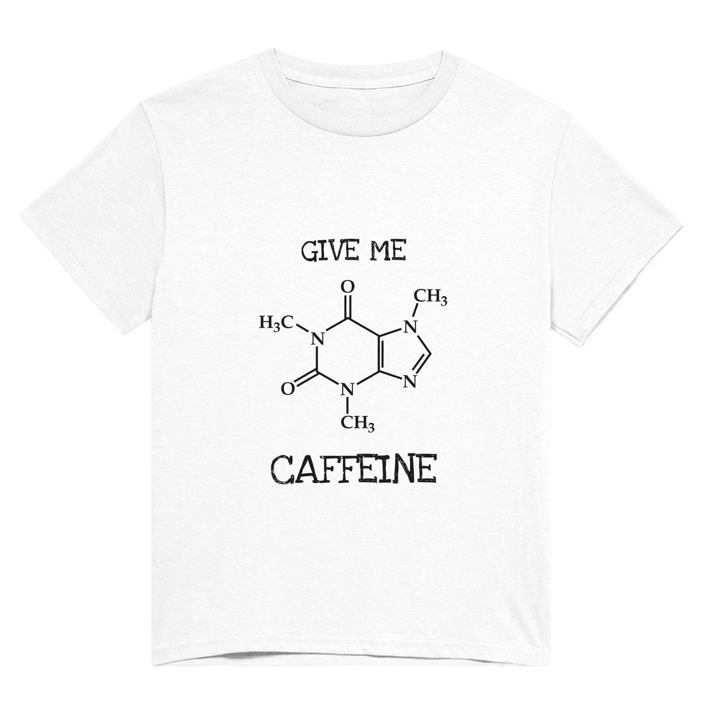 A white t shirt with the words "Give me caffeine" and a picture of the displayed formula of a caffeine molecule in black