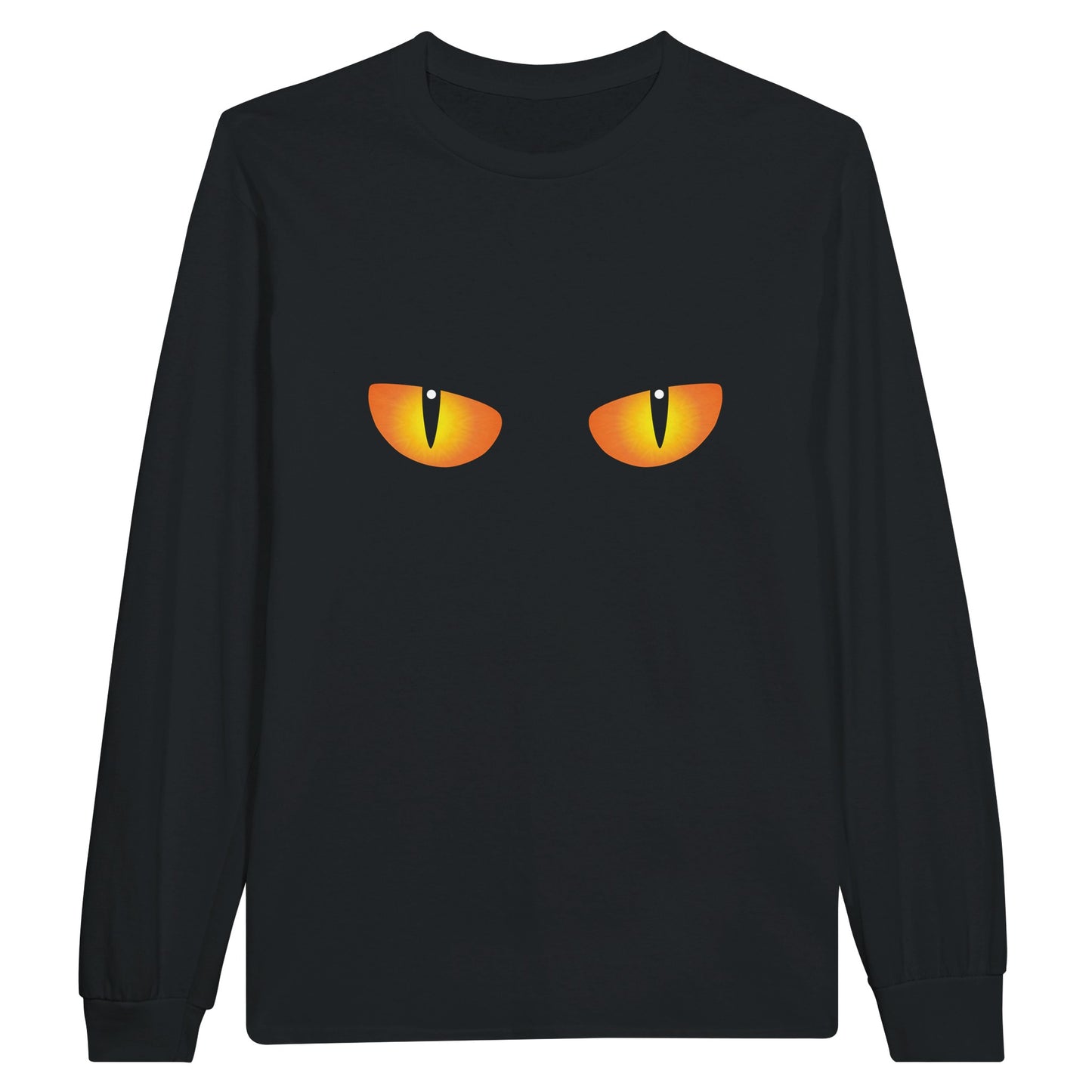 A black, long sleeved Halloween t shirt with a spooky cat's eyes.