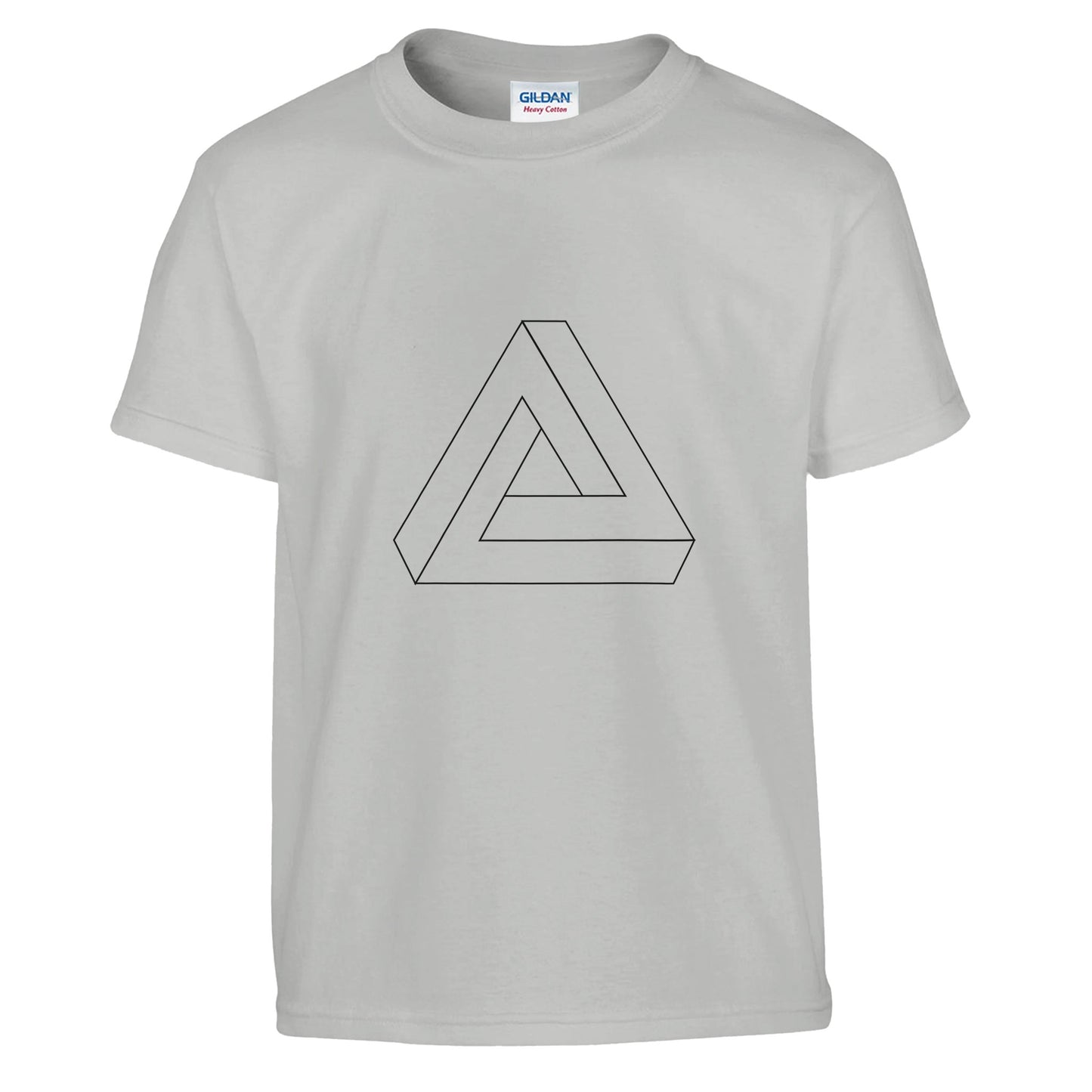 an ash coloured shirt with the line drawing of an impossible triangle