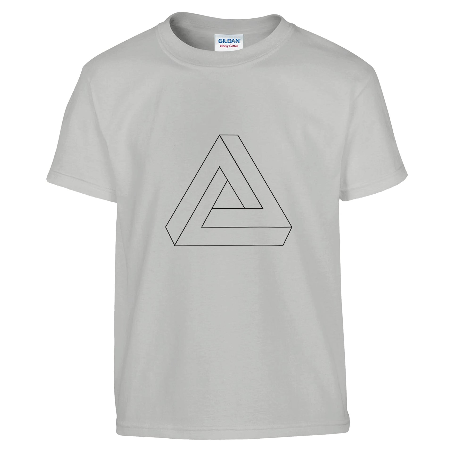 an ash coloured shirt with the line drawing of an impossible triangle