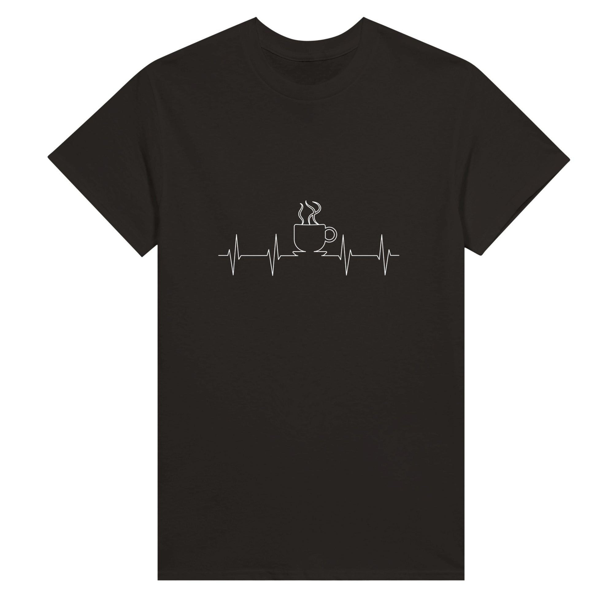 Black women's shirt with white line art depicting a cardiogram with the shape of a steaming cup of coffee or tea on it.