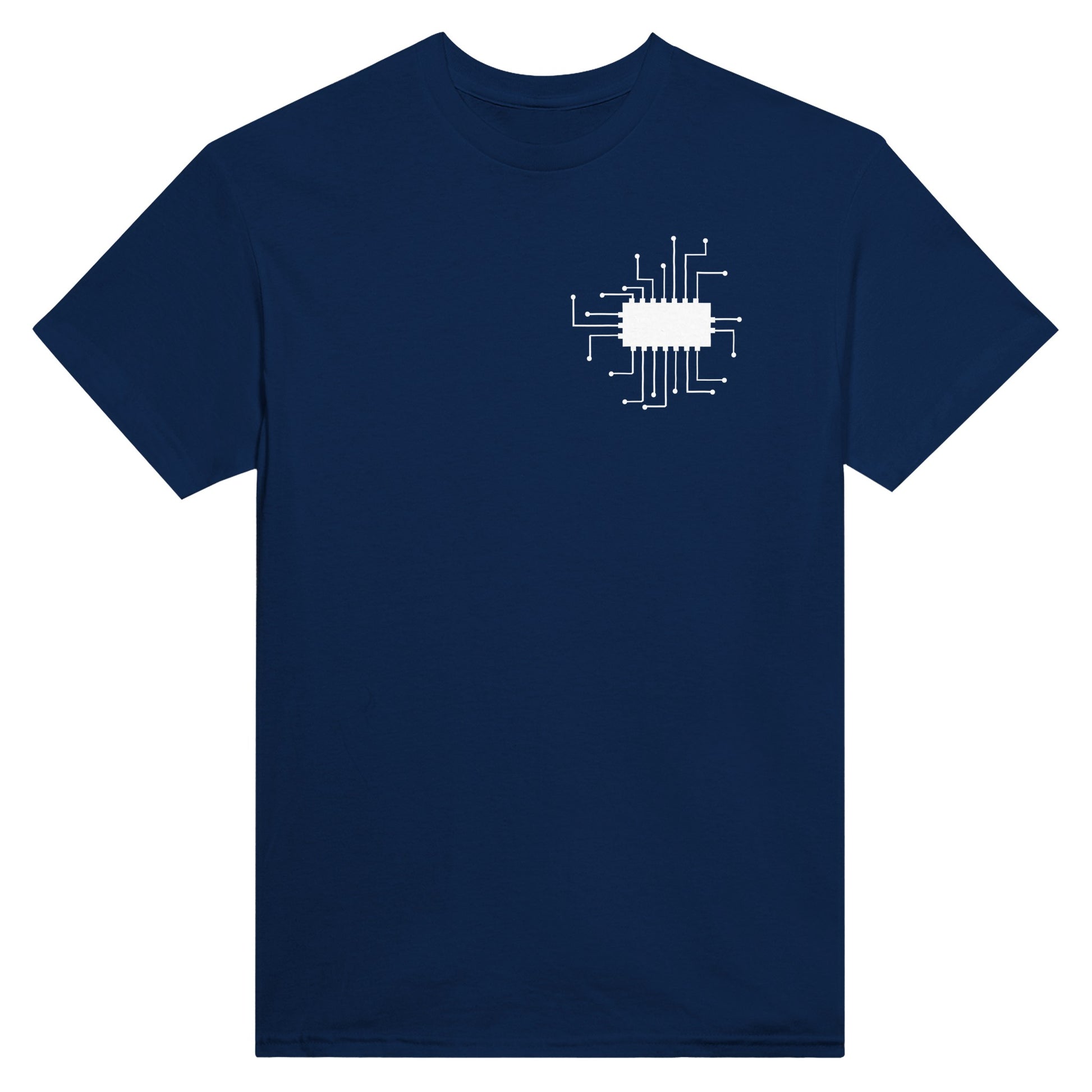 Navy blue t-shirt with a picture of a microchip with wires of a circuit connected to it