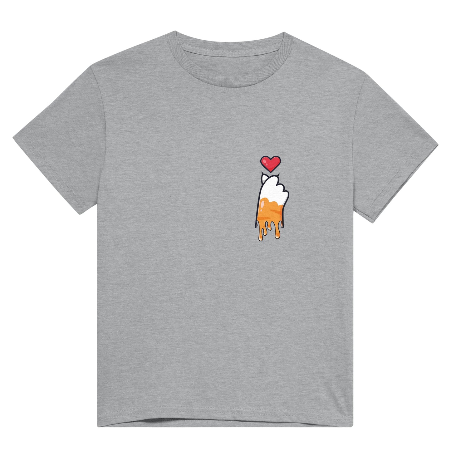 Light grey t shirt with the picture of a melting or dripping ginger and white cat paw with a red heart above it in the upper right corner of the shirt..