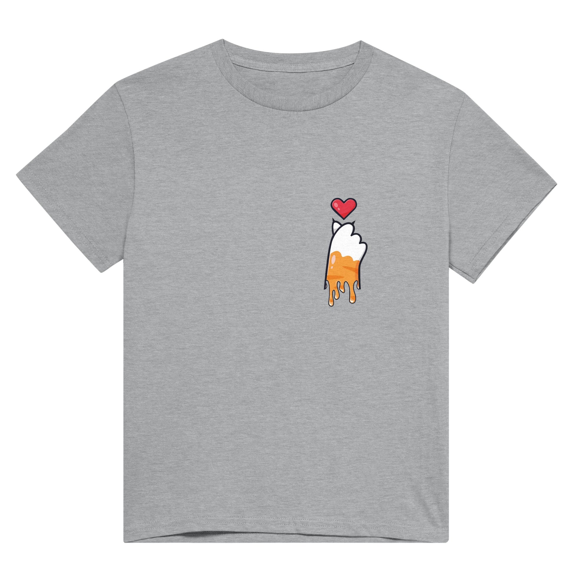 Light grey t shirt with the picture of a melting or dripping ginger and white cat paw with a red heart above it in the upper right corner of the shirt..