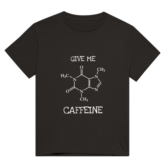 A Black shirt with the words "Give me caffeine" and a picture of the displayed formula of a caffeine molecule in white