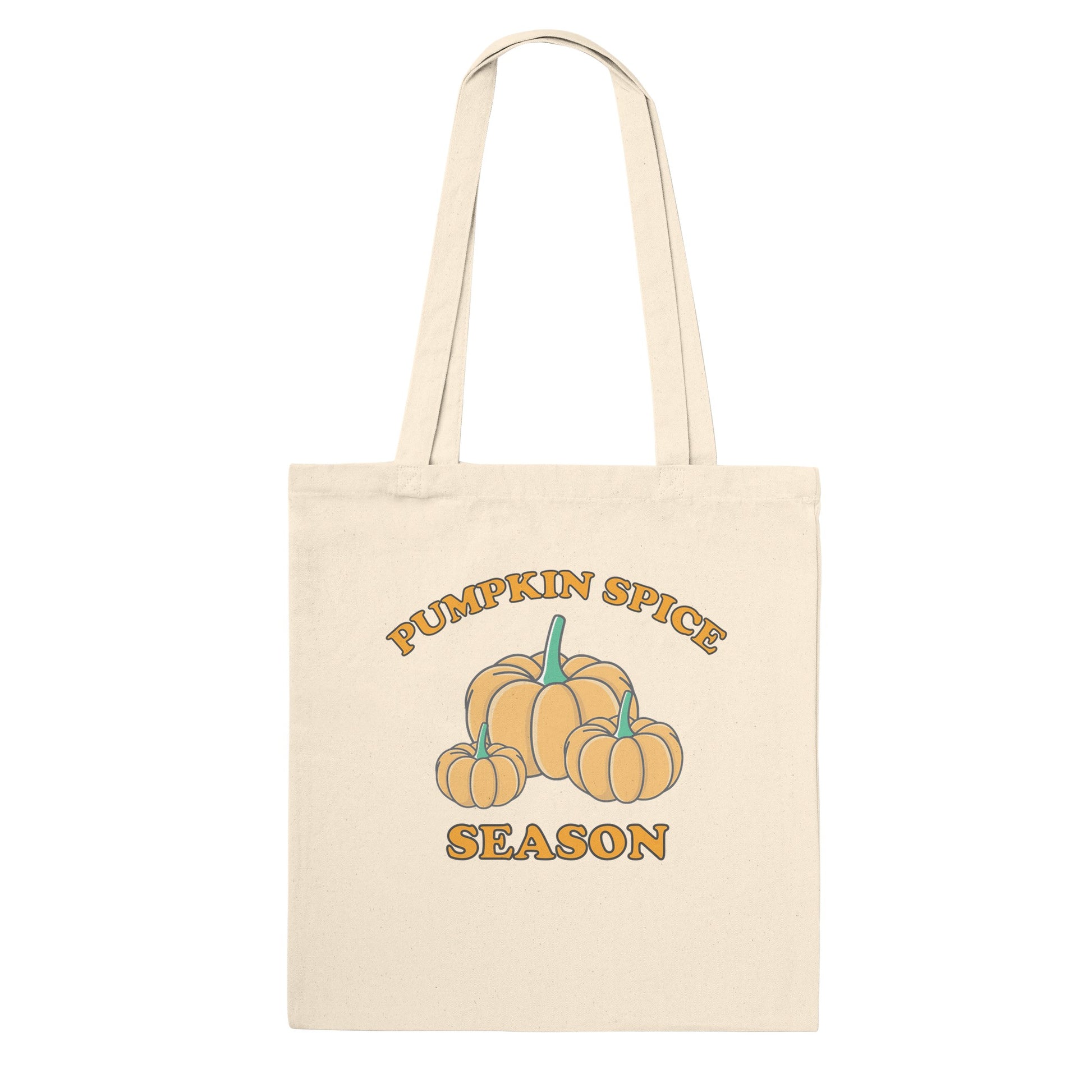 a natural coloured cotton tote bag with "pumpkin spice season" and a picture of pumpkins