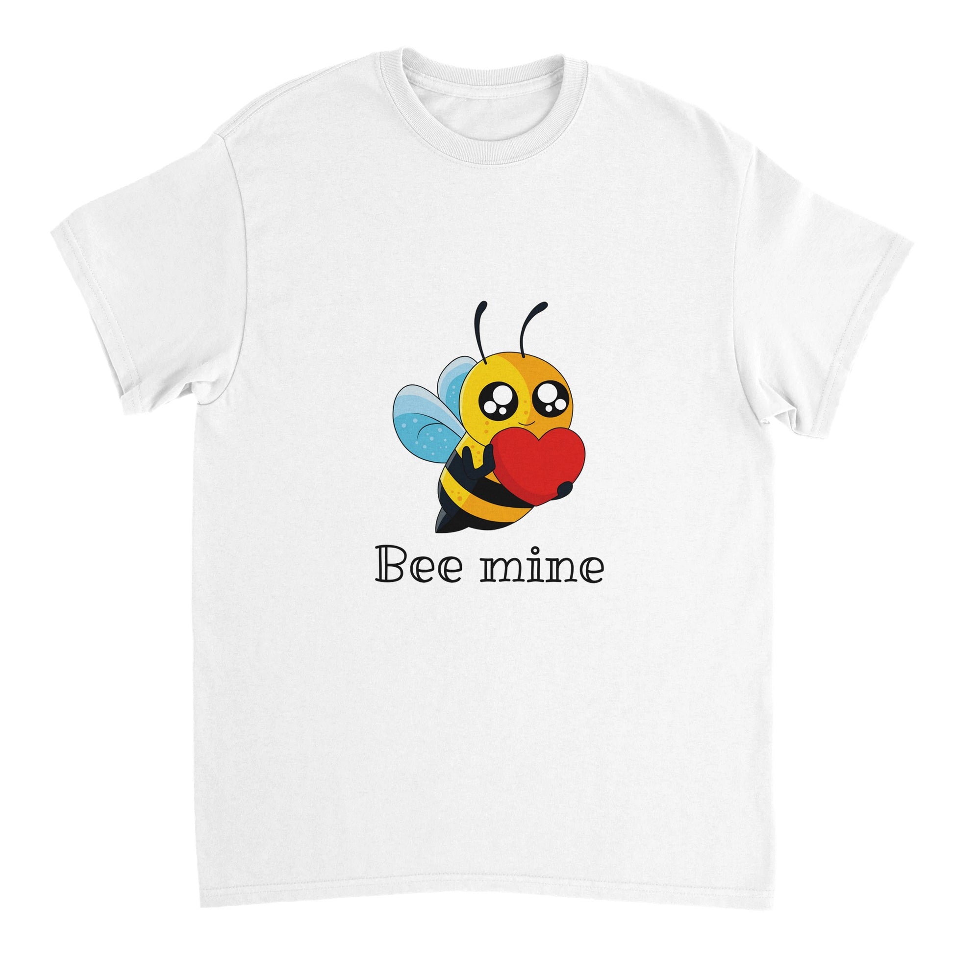 White shirt with a picture of a bee holding a heart and the words "Bee mine" in black.