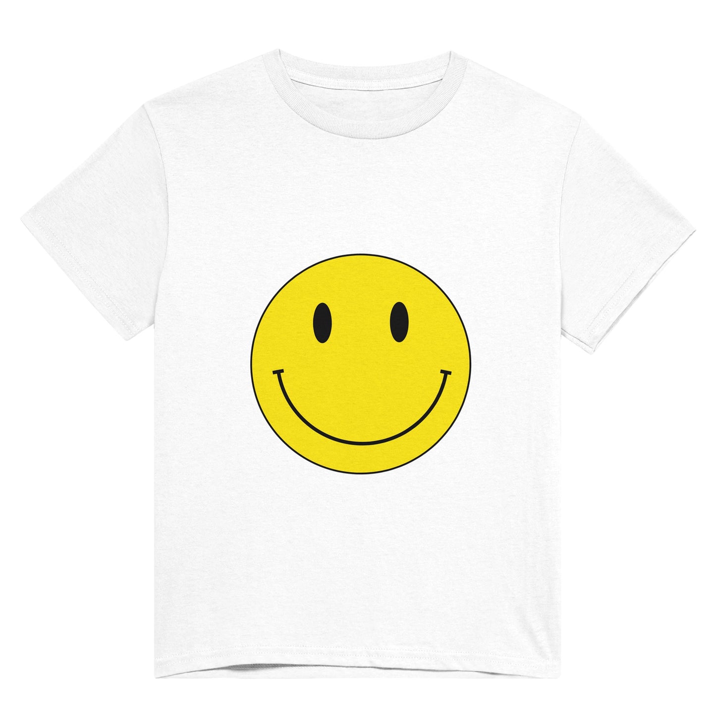 A white t shirt with a bright yellow smiley face.