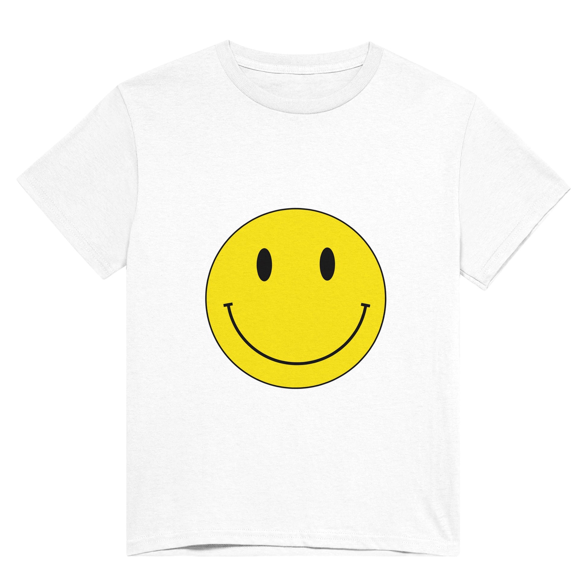 A white t shirt with a bright yellow smiley face.