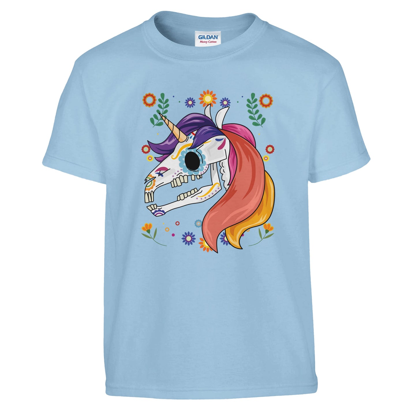 a blue kids t-shirt with a colourful picture of a unicorn skull and flowers