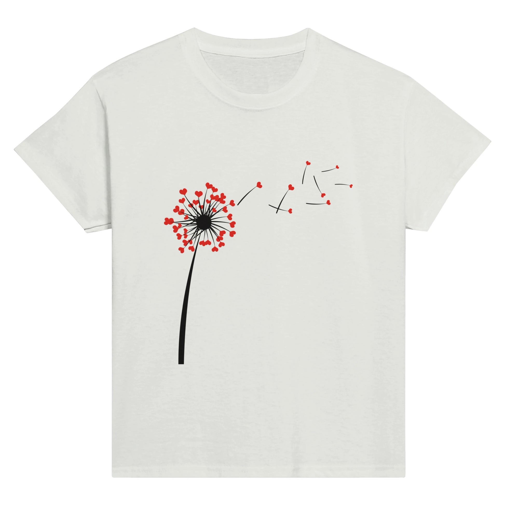 Child's white t-shirt with heart dandelion seeds being blown into the wind.