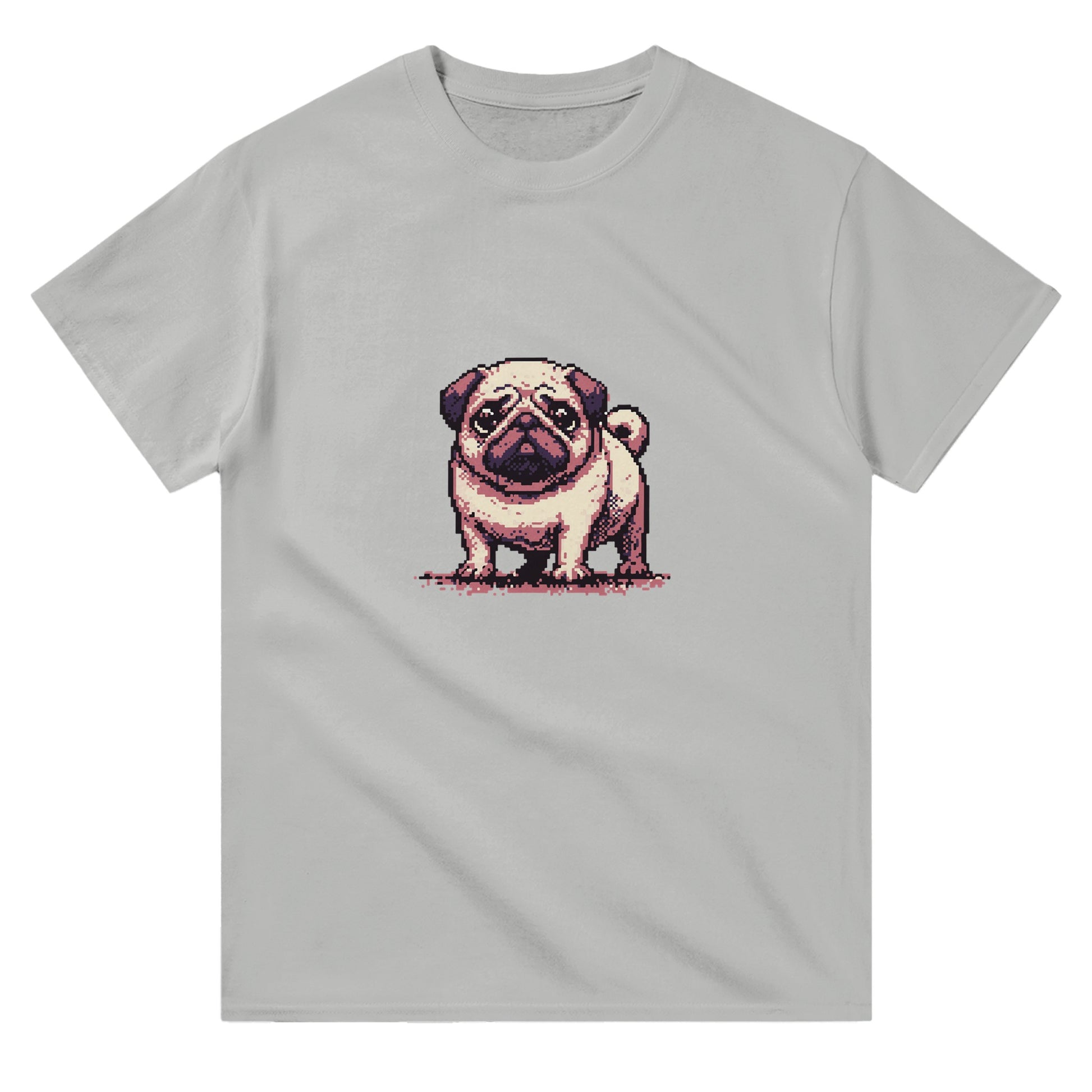 mens and womens ash coloured t-shirt with a cute pug picture 