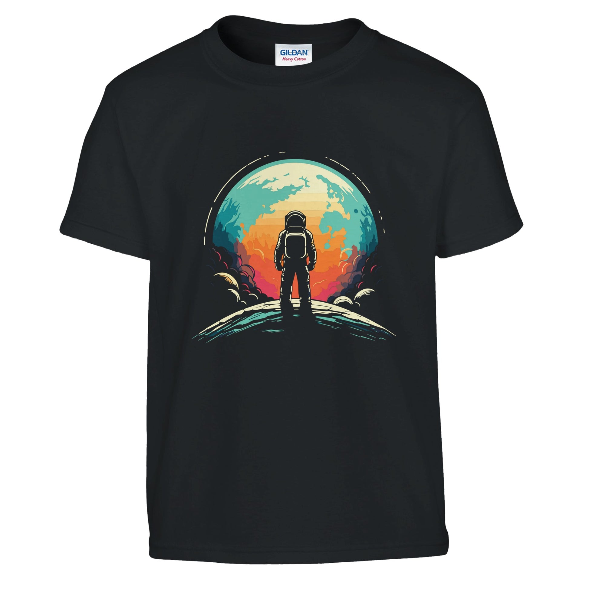 a kids black shirt with a colourful space themed design