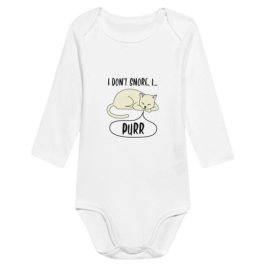 A white baby bodysuit or romper with the words "I don't snore, I purr" and a picture of a sleeping cat on it.