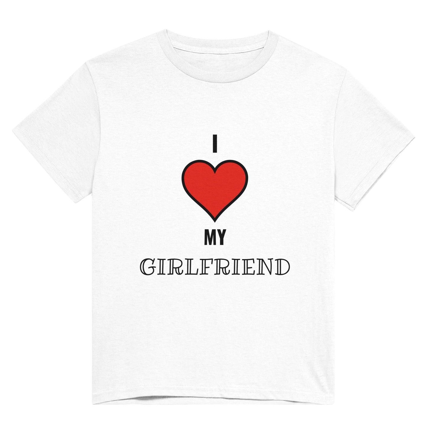 A white t shirt with the words "I 'heart' my girlfriend" in black text