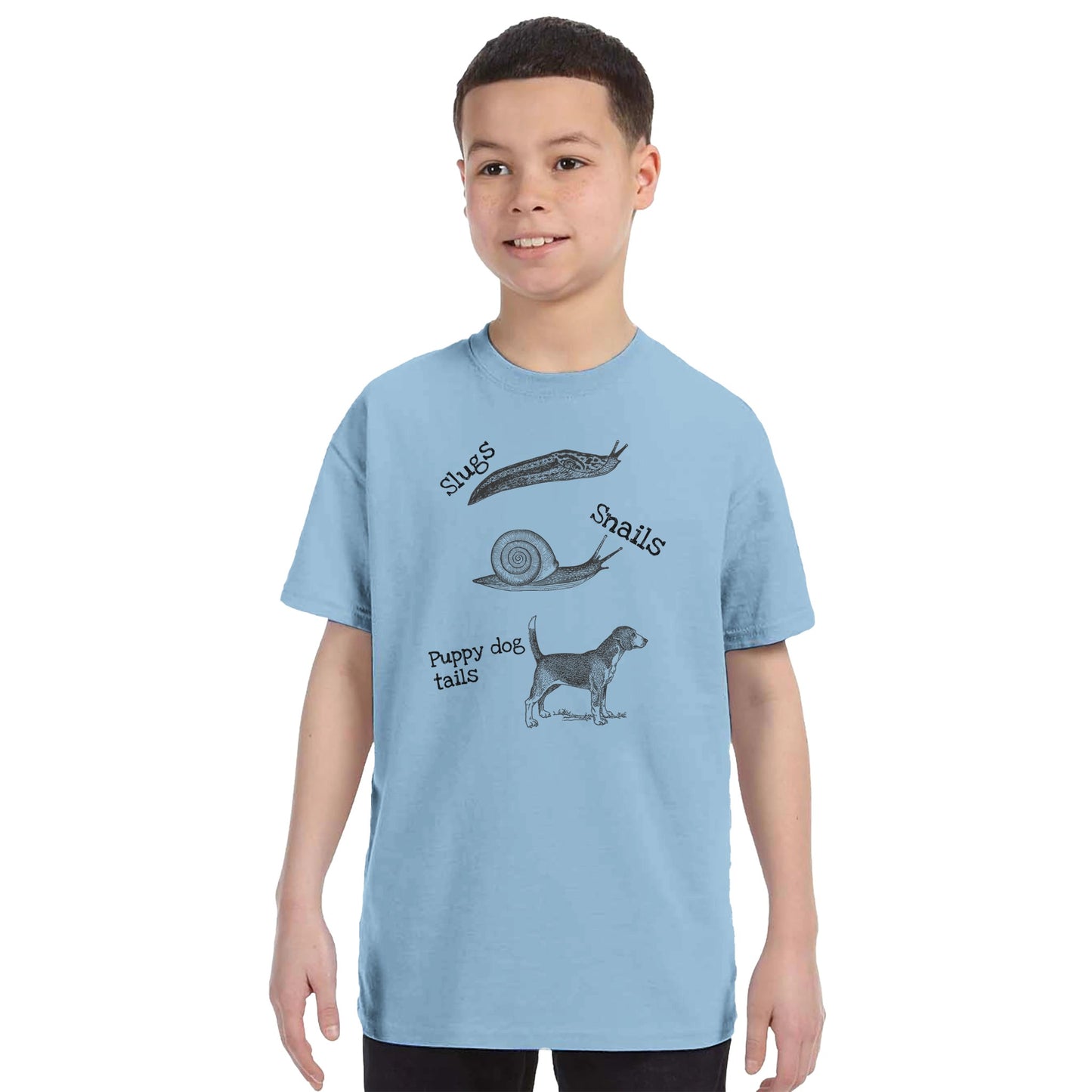 A kids t-shirt with a picture of a slug, snail and dog printed on the front, the shirt is blue and worn by a child