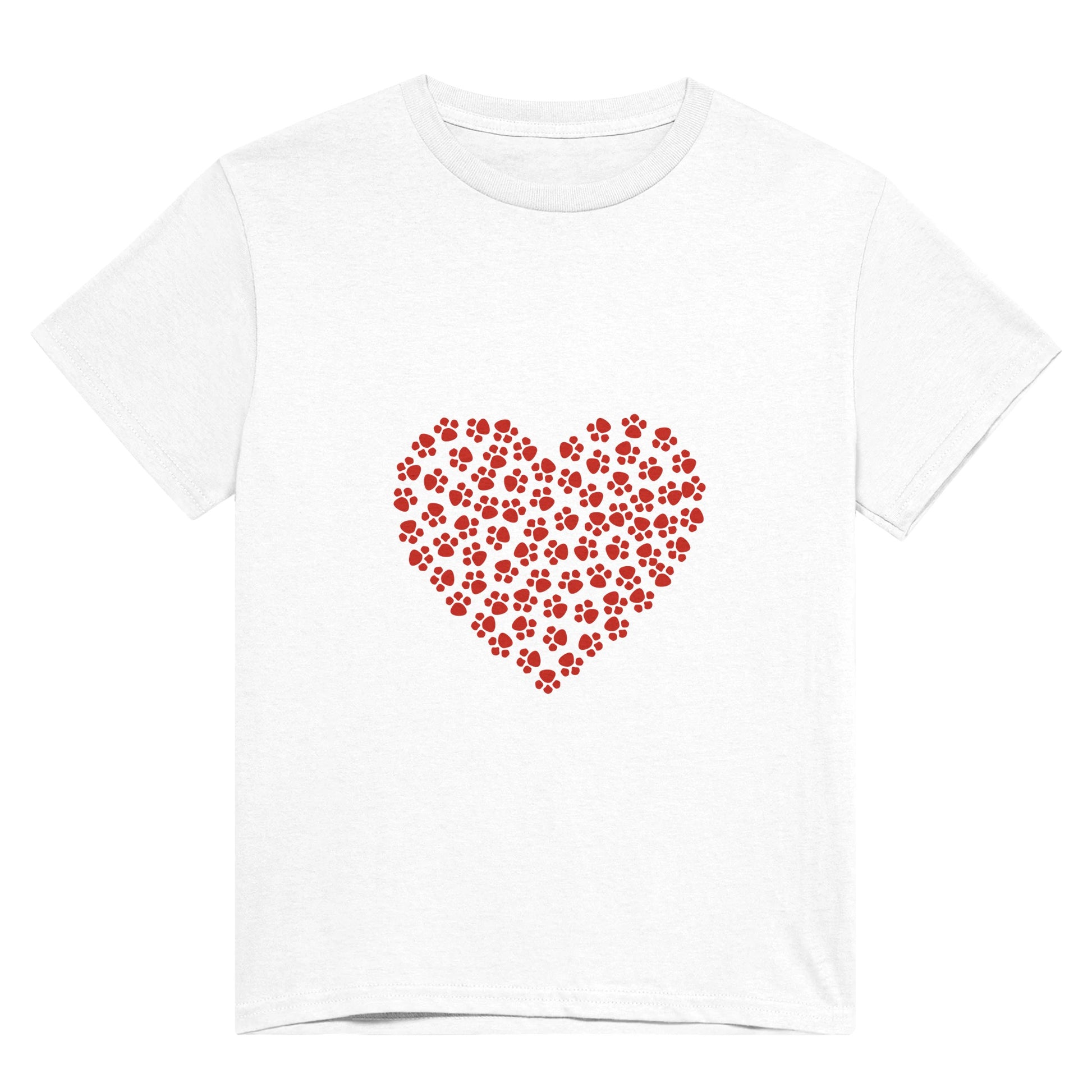 A white t shirt with a big heart on it made up of little red animal paws