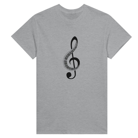 Women's grey t-shirt with a picture of a treble cleff made partly of piano keys