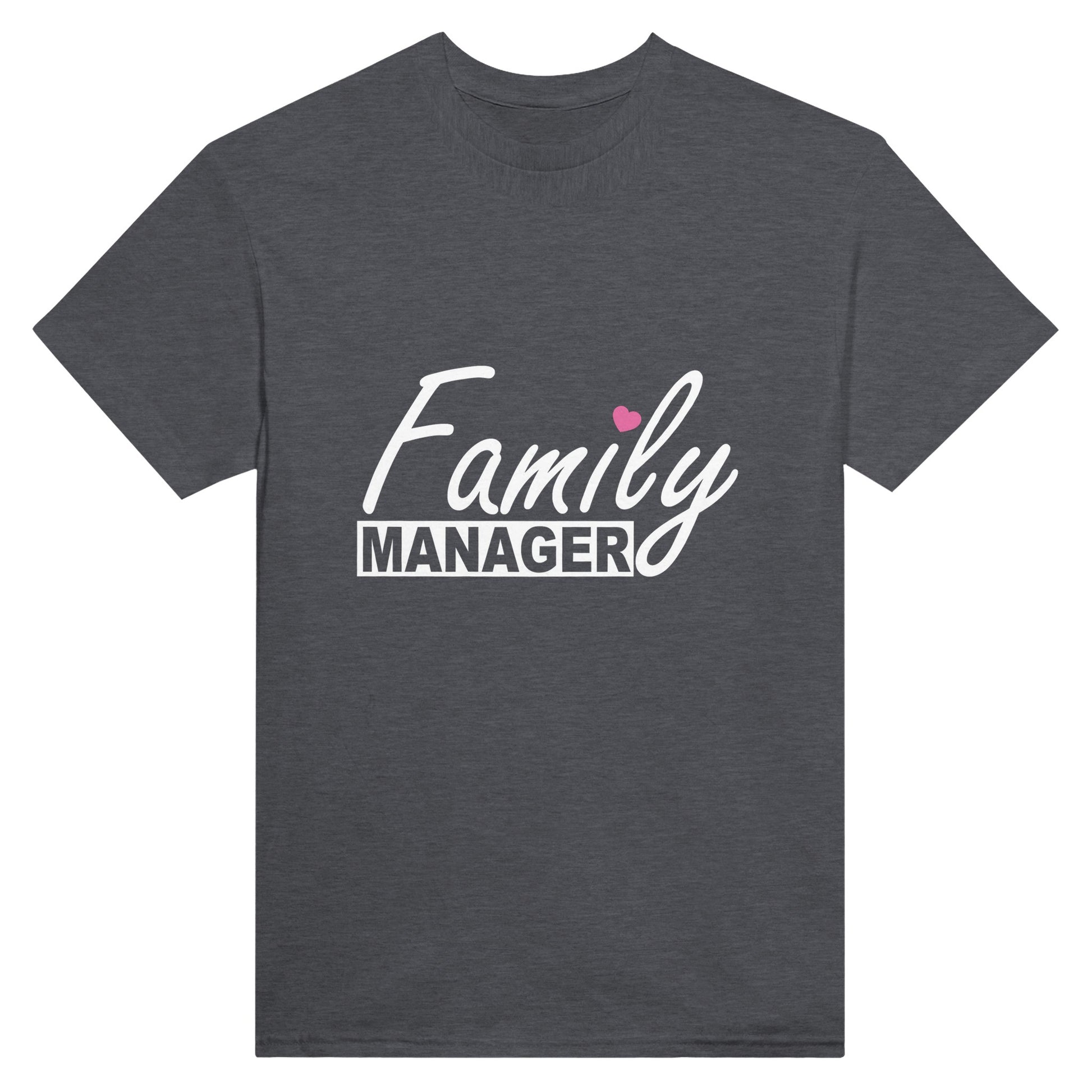 Dark grey t shirt with the words "family manager" in white, where the letter "i" in family is dotted with a small pink heart.