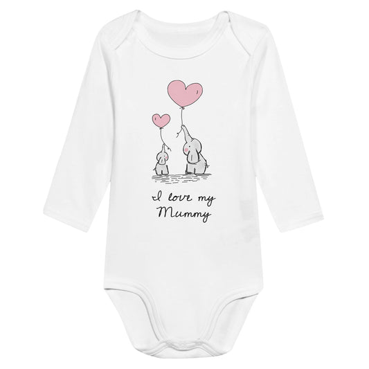 A white baby bodysuit or romper with the words, "I love my Mummy" and an image of a mother elephant and baby elephant with pink heart shaped balloons.