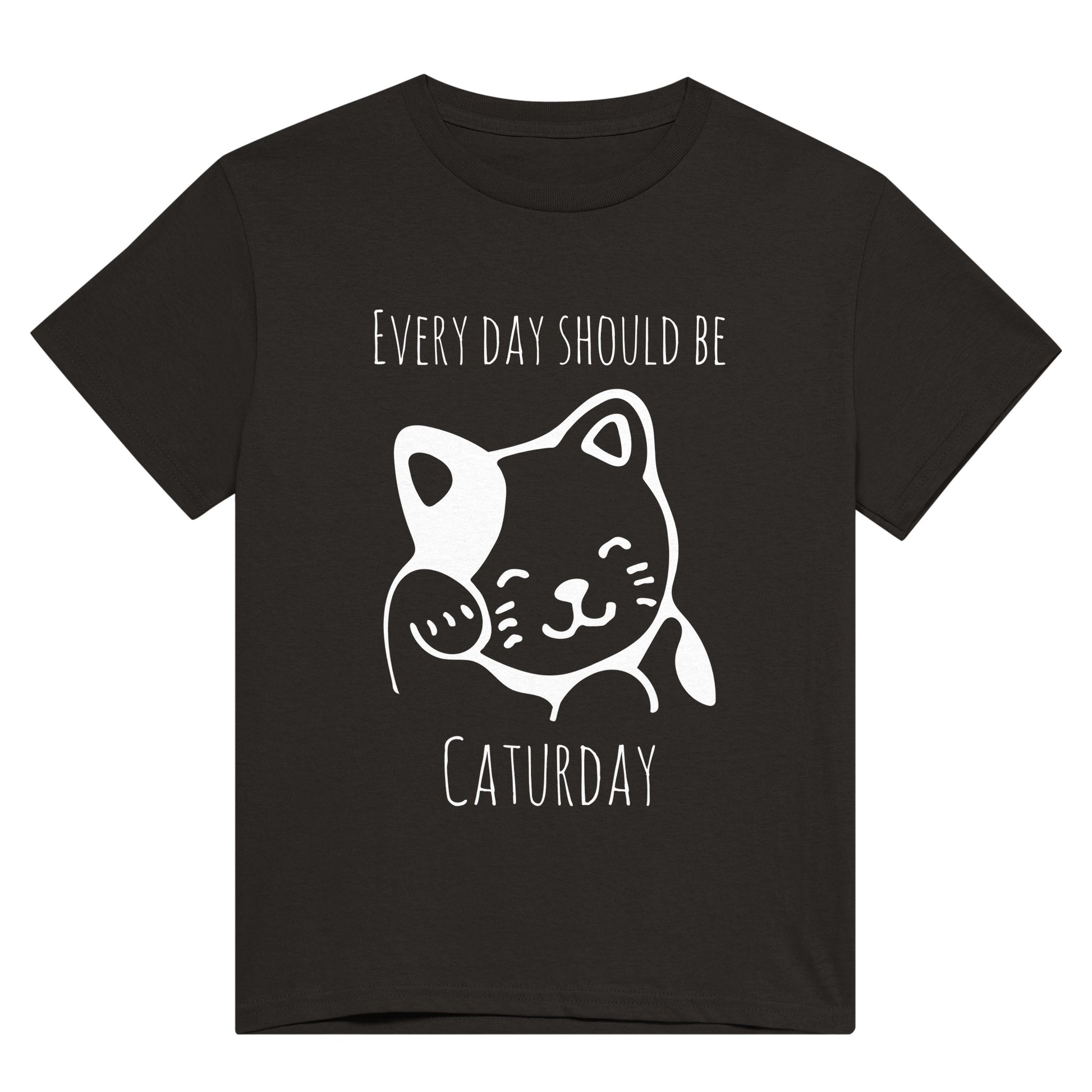 Black shirt with the pun, "Every day should be Caturday" and an image of a grooming cat on it in white.