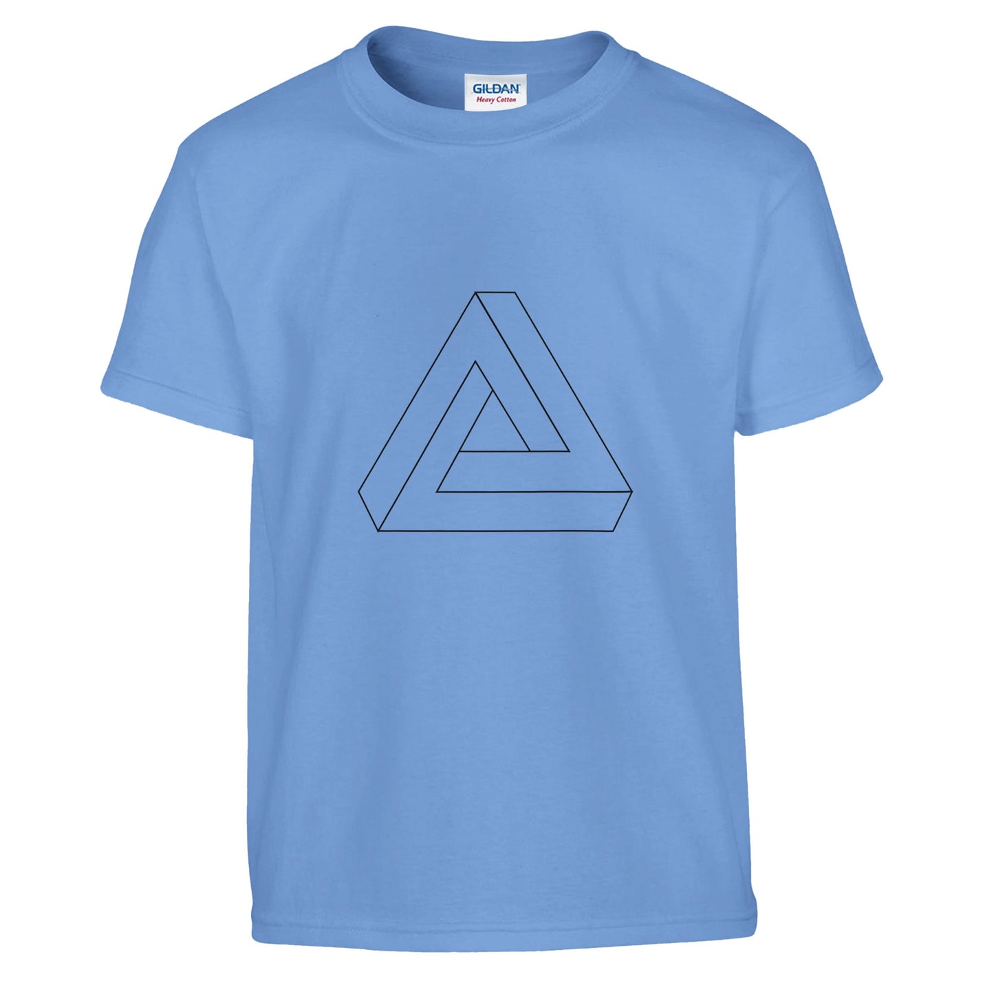 an blue coloured shirt with the line drawing of an impossible triangle