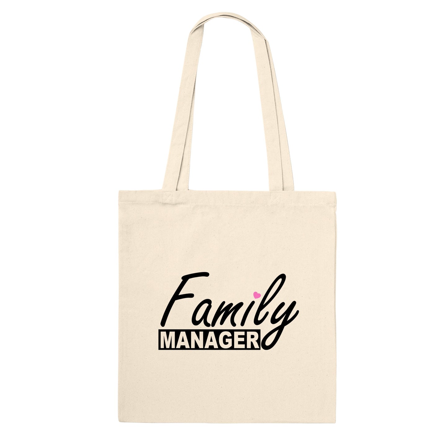 Natural light beige coloured tote bag with the words "family manager" in black, where the letter "i" in family is dotted with a small pink heart.