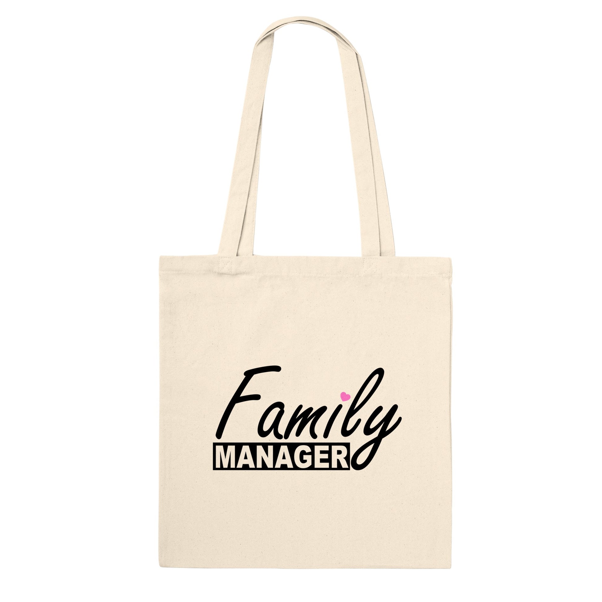 Natural light beige coloured tote bag with the words "family manager" in black, where the letter "i" in family is dotted with a small pink heart.