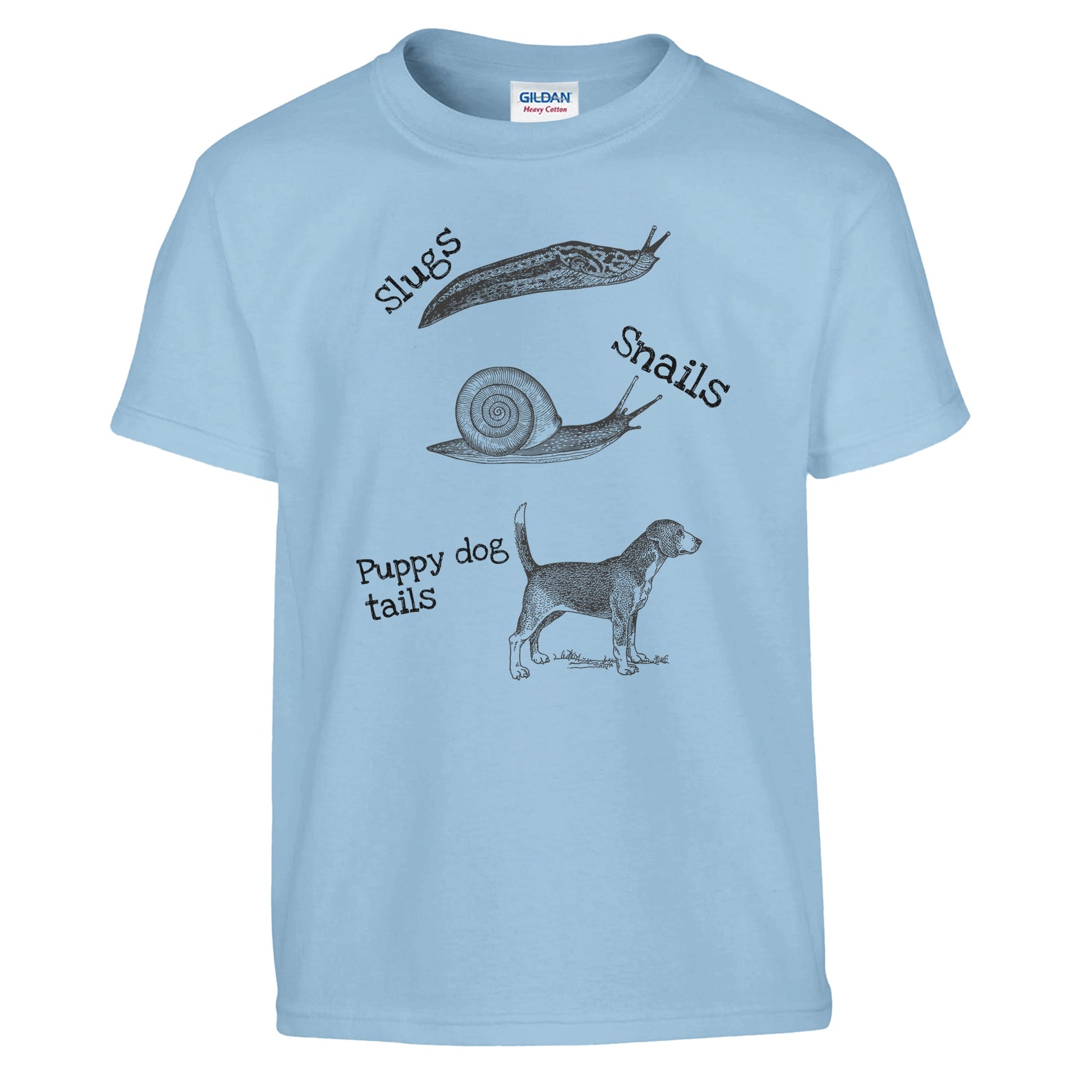 A kids t-shirt with a picture of a slug, snail and dog printed on the front, the shirt is blue