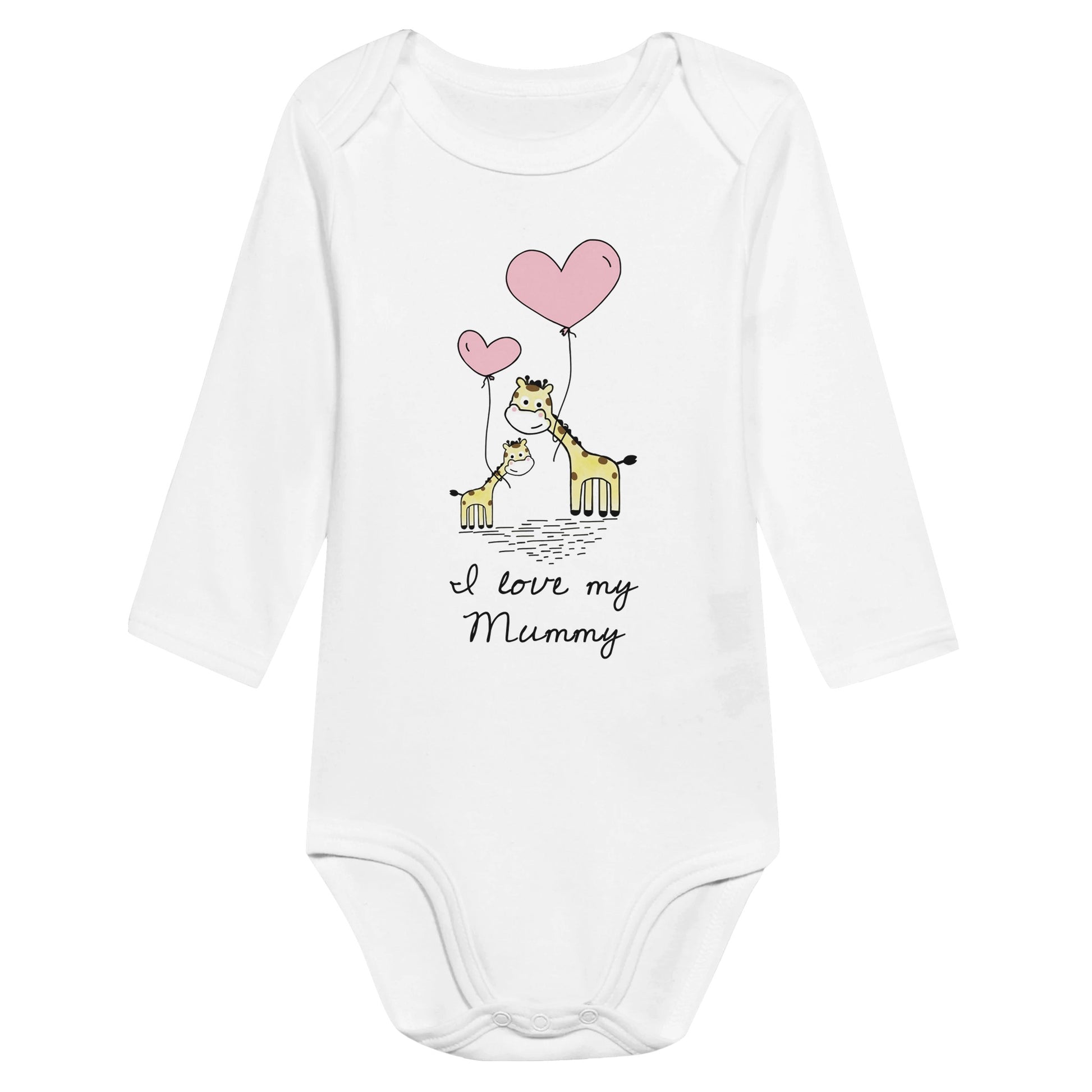 A white baby bodysuit or romper with the words, "I love my Mummy" and an image of a mother giraffe and baby giraffe with pink heart shaped balloons.