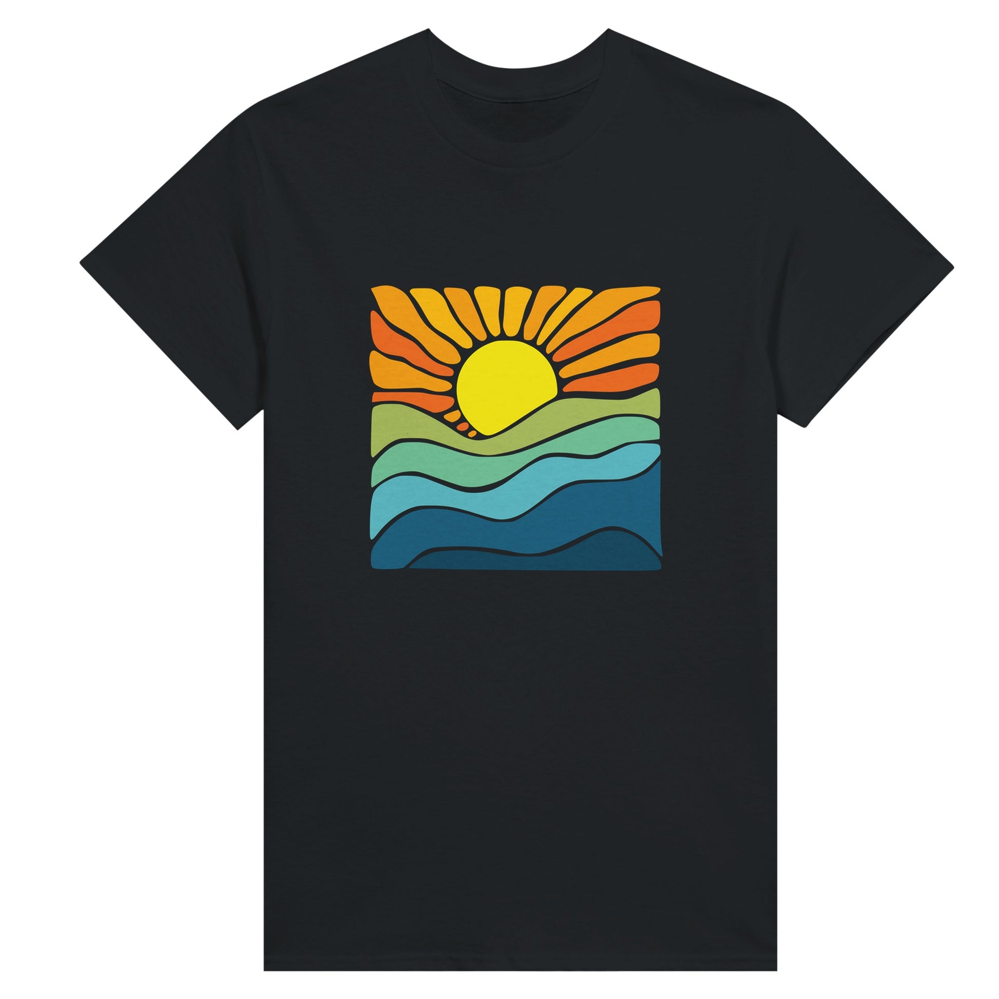 a black womens t-shirt with an abstract and colourful sunset