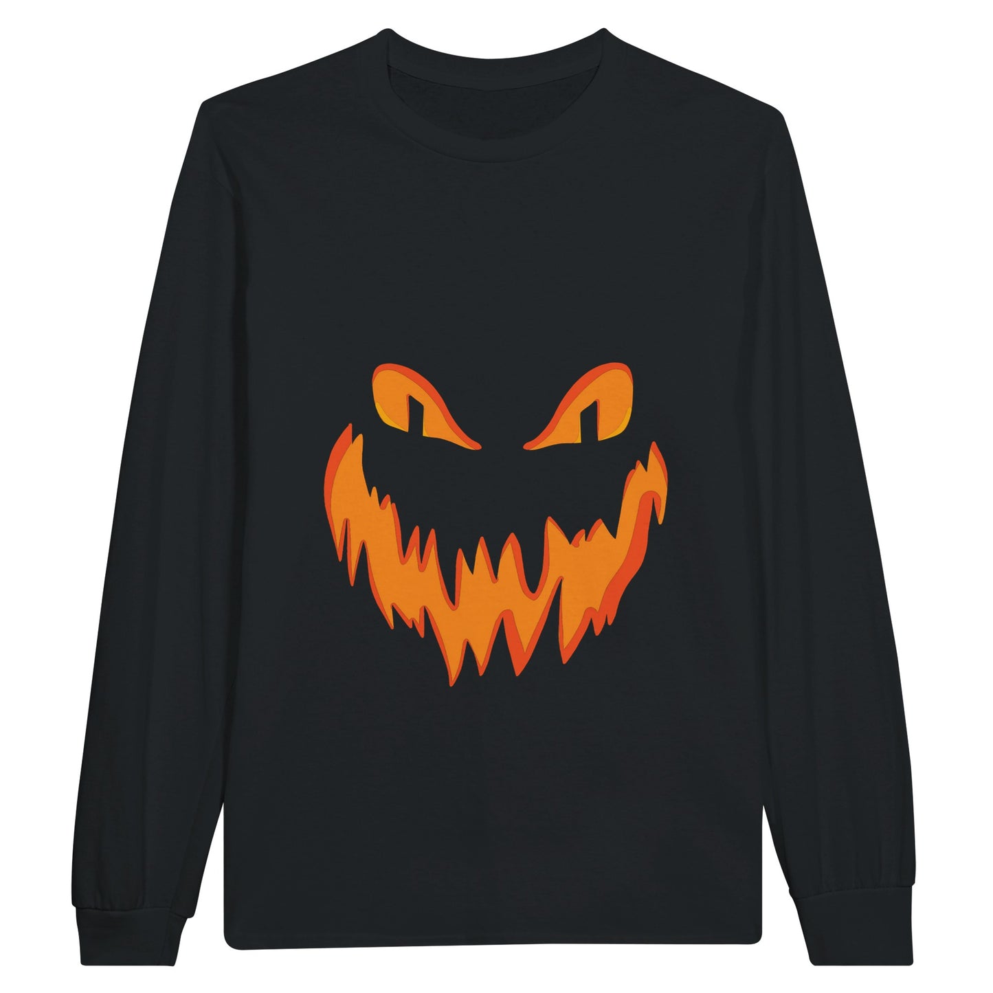 A black, long sleeved Halloween t shirt with a spooky smiling Jack o' Lantern pumpkin face.