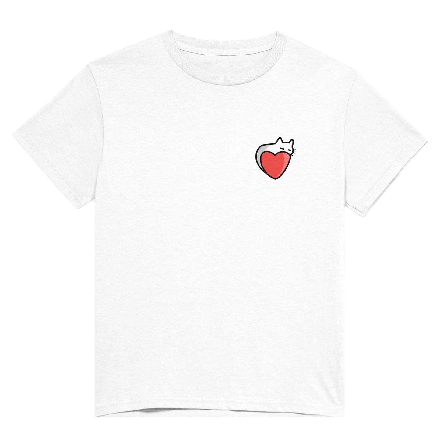 White shirt with a red heart in the upper right side with the outline of a kitten sleeping on it.